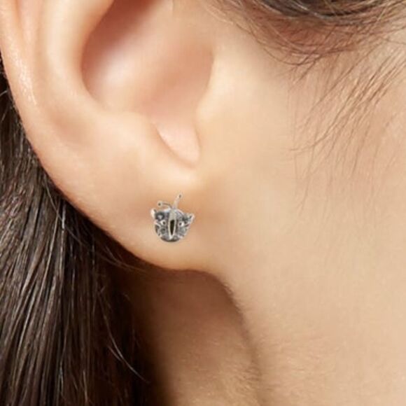 DIAMOND BUTTERFLY EARRINGS 14K WHITE GOLD STUD 8 STONES DAINTY DETAILED ANTENNAE - Picture 3 of 10